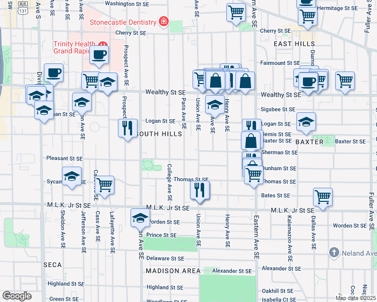 map of restaurants, bars, coffee shops, grocery stores, and more near 547 Union Avenue Southeast in Grand Rapids