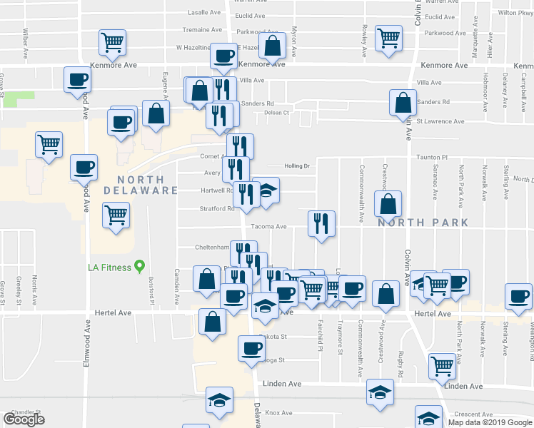 map of restaurants, bars, coffee shops, grocery stores, and more near 140 Tacoma Avenue in Buffalo