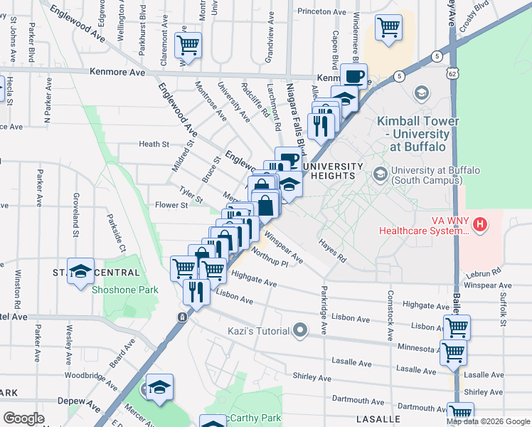 map of restaurants, bars, coffee shops, grocery stores, and more near 3242 Main Street in Buffalo