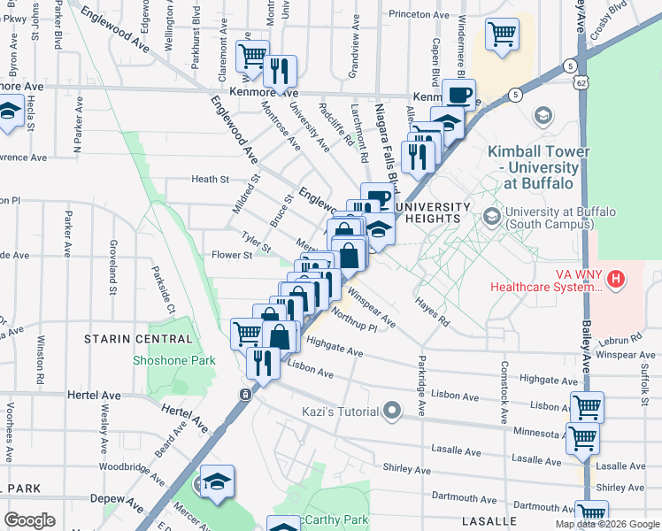 map of restaurants, bars, coffee shops, grocery stores, and more near 37 Merrimac Street in Buffalo