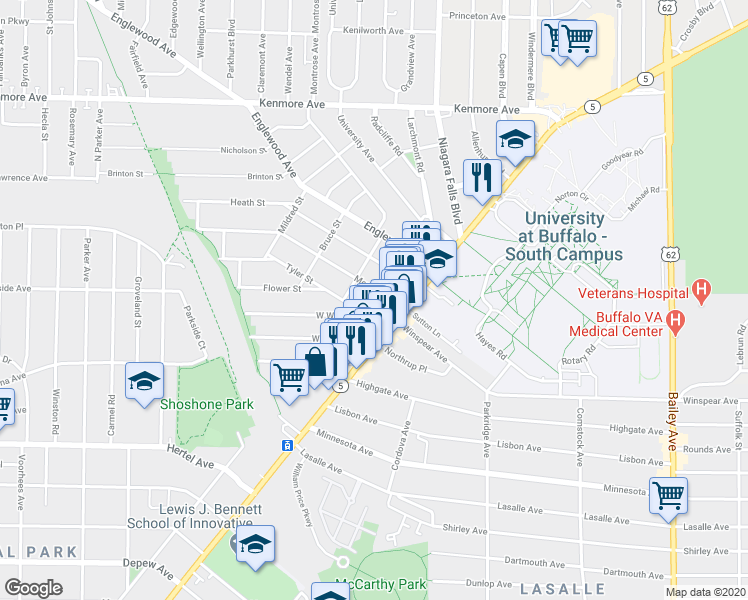 map of restaurants, bars, coffee shops, grocery stores, and more near 37 Merrimac Street in Buffalo
