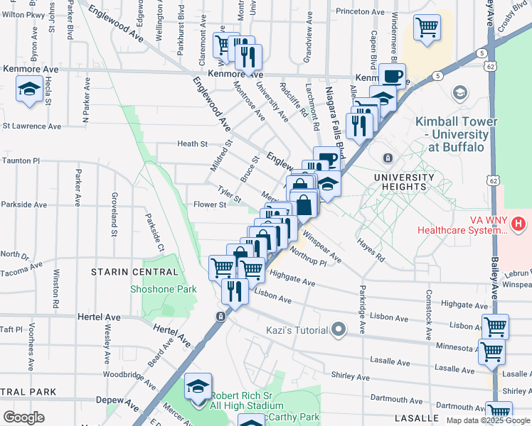 map of restaurants, bars, coffee shops, grocery stores, and more near 41 Tyler Street in Buffalo