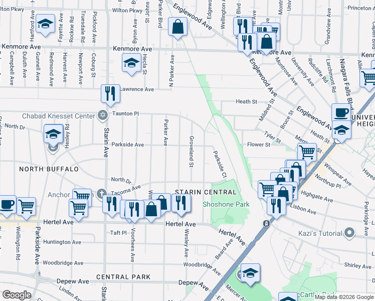 map of restaurants, bars, coffee shops, grocery stores, and more near 1108 Parkside Avenue in Buffalo