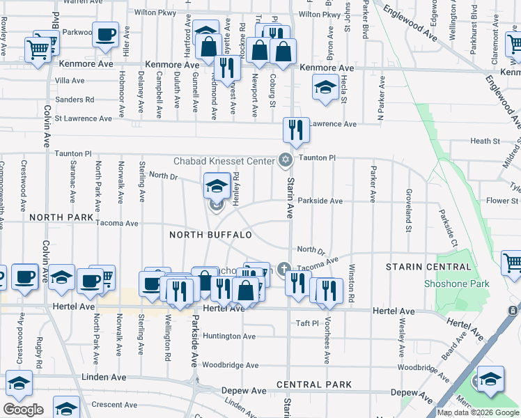 map of restaurants, bars, coffee shops, grocery stores, and more near 866 Parkside Avenue in Buffalo