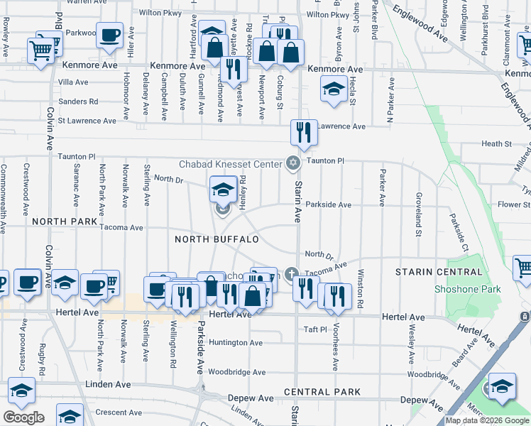map of restaurants, bars, coffee shops, grocery stores, and more near 866 Parkside Avenue in Buffalo