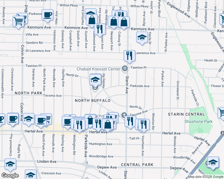 map of restaurants, bars, coffee shops, grocery stores, and more near 866 Parkside Avenue in Buffalo