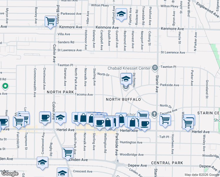 map of restaurants, bars, coffee shops, grocery stores, and more near 141 Frontenac Avenue in Buffalo