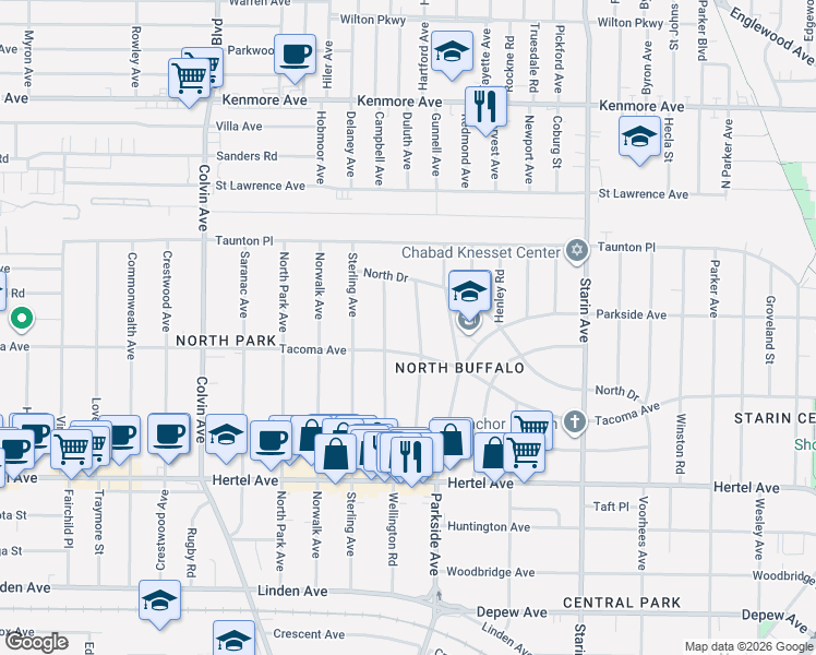 map of restaurants, bars, coffee shops, grocery stores, and more near 141 Frontenac Avenue in Buffalo