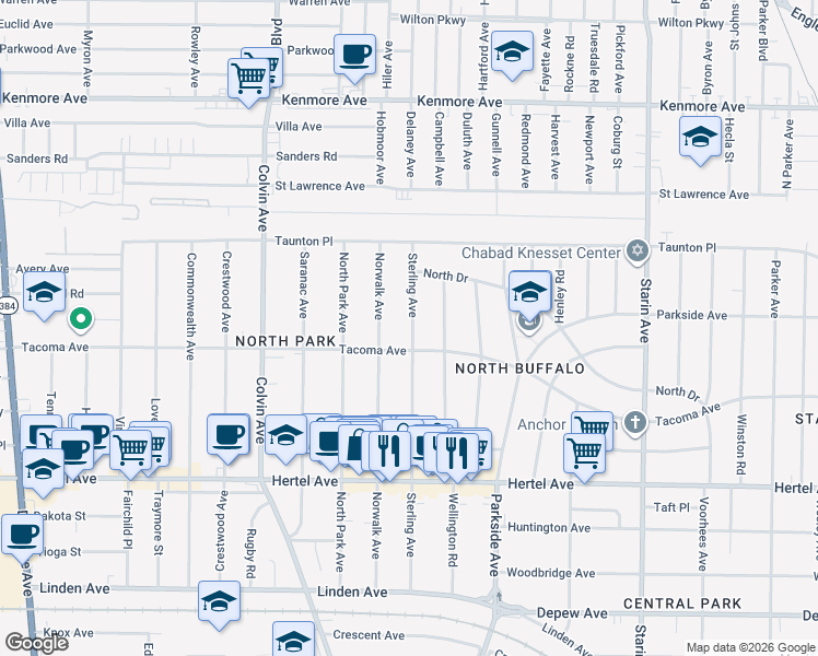 map of restaurants, bars, coffee shops, grocery stores, and more near 278 Sterling Avenue in Buffalo