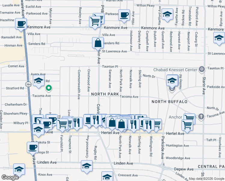 map of restaurants, bars, coffee shops, grocery stores, and more near 290 North Park Avenue in Buffalo