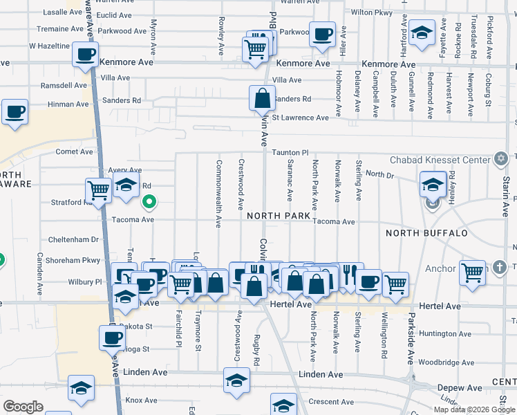 map of restaurants, bars, coffee shops, grocery stores, and more near 422 Colvin Avenue in Buffalo
