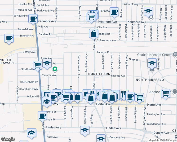 map of restaurants, bars, coffee shops, grocery stores, and more near 422 Colvin Avenue in Buffalo