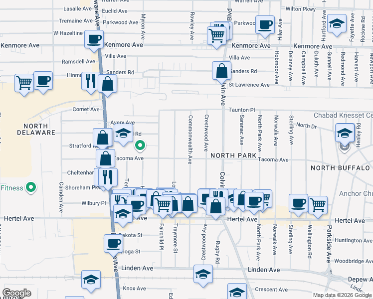 map of restaurants, bars, coffee shops, grocery stores, and more near 167 Lovering Avenue in Buffalo