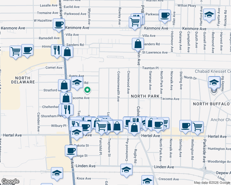map of restaurants, bars, coffee shops, grocery stores, and more near 167 Lovering Avenue in Buffalo