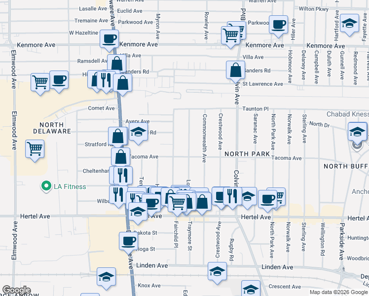 map of restaurants, bars, coffee shops, grocery stores, and more near 169 Virgil Avenue in Buffalo
