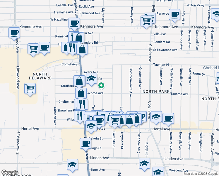 map of restaurants, bars, coffee shops, grocery stores, and more near 23 Stratford Road in Buffalo