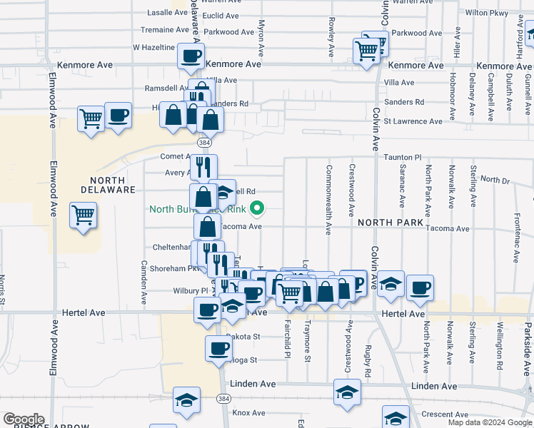 map of restaurants, bars, coffee shops, grocery stores, and more near 23 Stratford Road in Buffalo