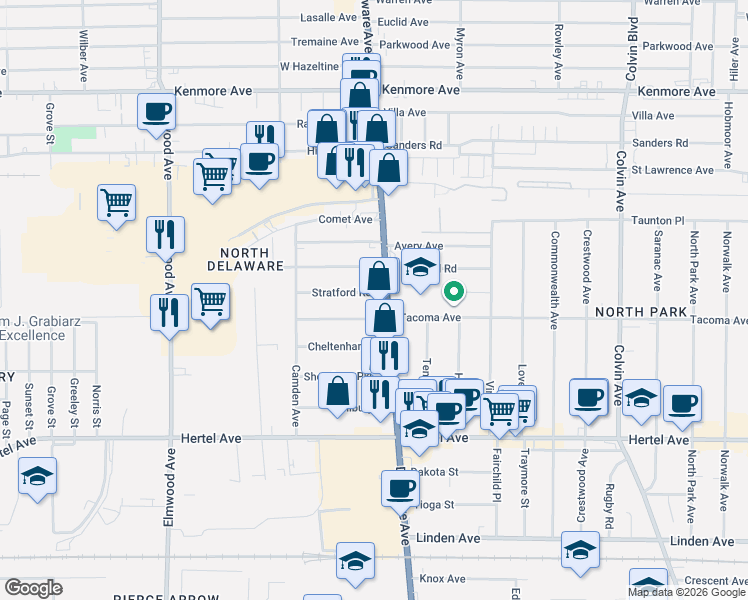 map of restaurants, bars, coffee shops, grocery stores, and more near 125 Stratford Road in Buffalo
