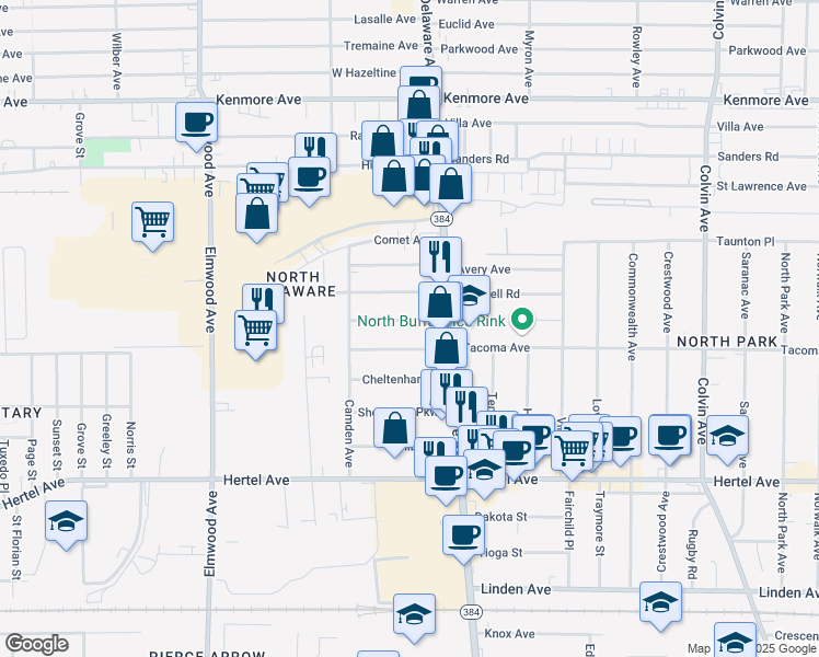 map of restaurants, bars, coffee shops, grocery stores, and more near 125 Stratford Road in Buffalo