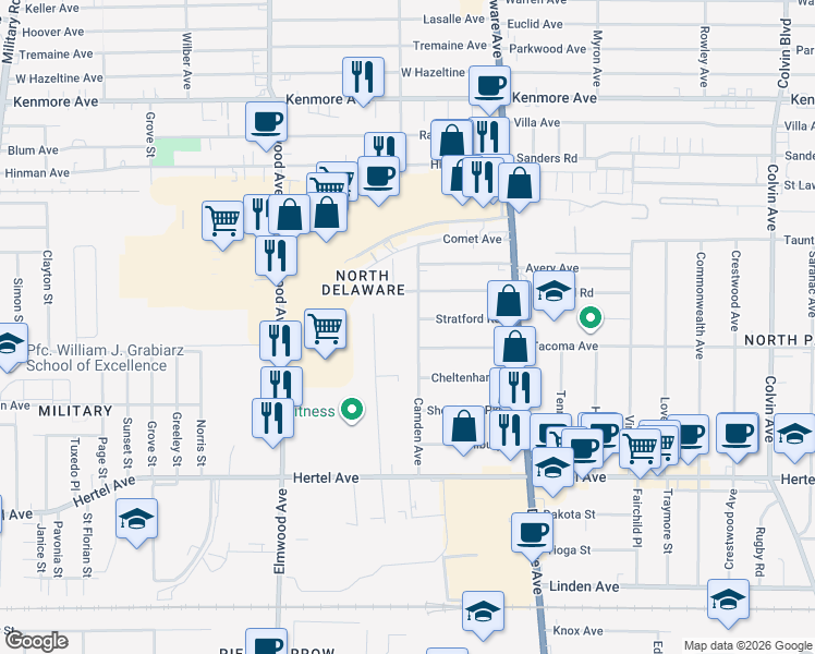 map of restaurants, bars, coffee shops, grocery stores, and more near 172 Camden Avenue in Buffalo