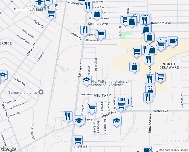 map of restaurants, bars, coffee shops, grocery stores, and more near 41 Simon Street in Buffalo