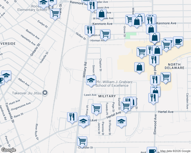map of restaurants, bars, coffee shops, grocery stores, and more near 41 Simon Street in Buffalo