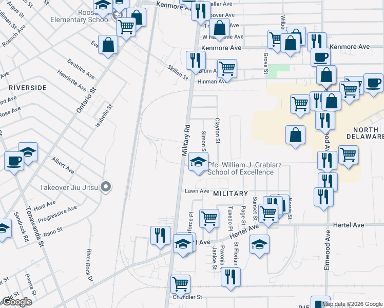 map of restaurants, bars, coffee shops, grocery stores, and more near 573 Military Road in Buffalo