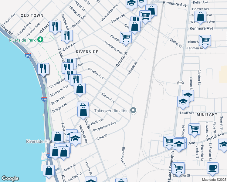 map of restaurants, bars, coffee shops, grocery stores, and more near 268 Riverside Avenue in Buffalo