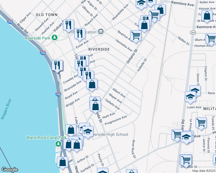 map of restaurants, bars, coffee shops, grocery stores, and more near 284 Ontario Street in Buffalo