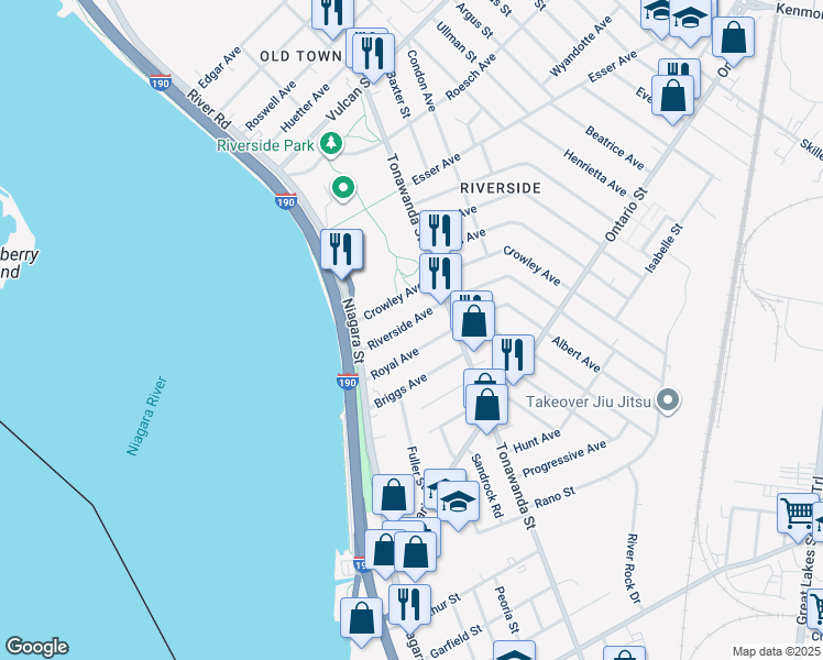 map of restaurants, bars, coffee shops, grocery stores, and more near 41 Crowley Avenue in Buffalo