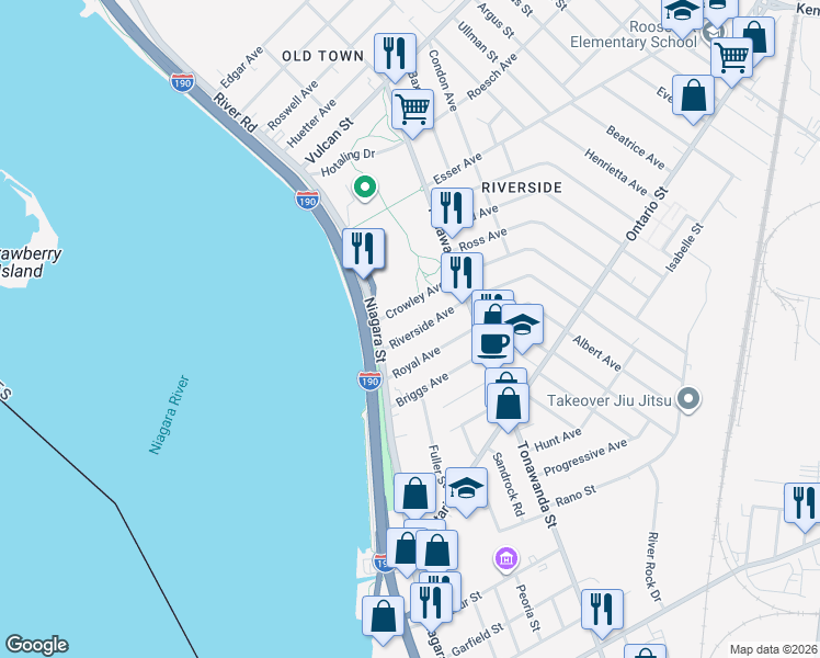 map of restaurants, bars, coffee shops, grocery stores, and more near 41 Crowley Avenue in Buffalo