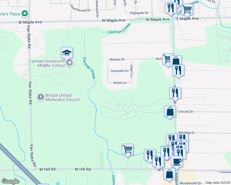 map of restaurants, bars, coffee shops, grocery stores, and more near 1201 Anzio Lane in Flint