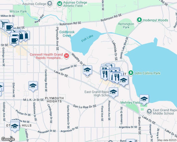 map of restaurants, bars, coffee shops, grocery stores, and more near 1960 Sherman Street Southeast in Grand Rapids