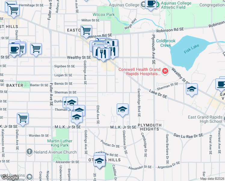map of restaurants, bars, coffee shops, grocery stores, and more near 539 Glenwood Avenue Southeast in Grand Rapids