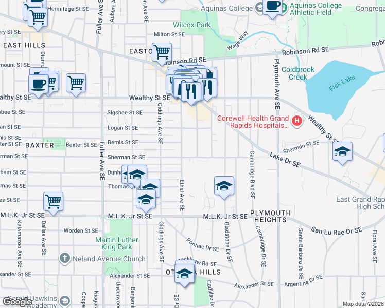 map of restaurants, bars, coffee shops, grocery stores, and more near 539 Norwood Avenue Southeast in Grand Rapids