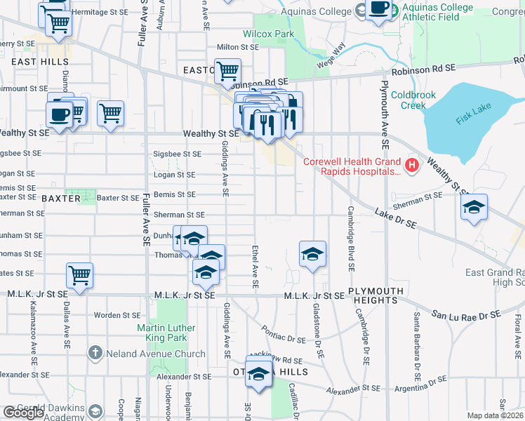 map of restaurants, bars, coffee shops, grocery stores, and more near 539 Norwood Avenue Southeast in Grand Rapids