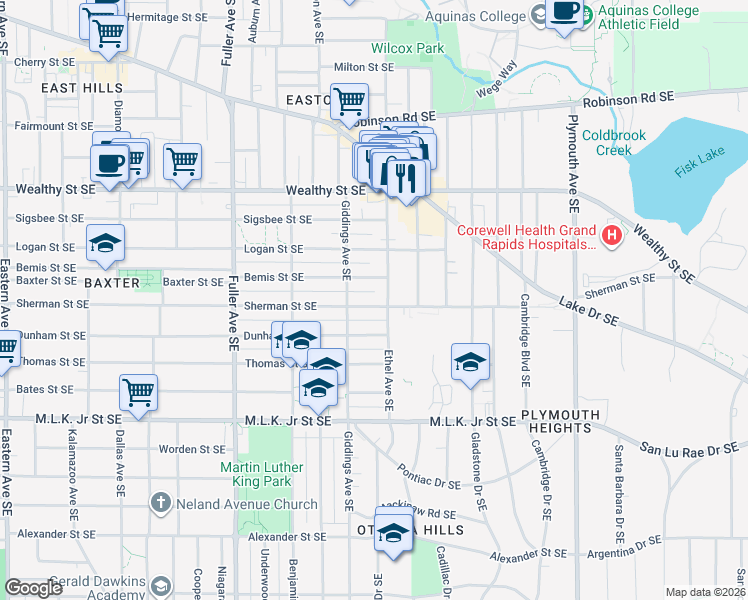 map of restaurants, bars, coffee shops, grocery stores, and more near 1426 Bemis Street Southeast in Grand Rapids
