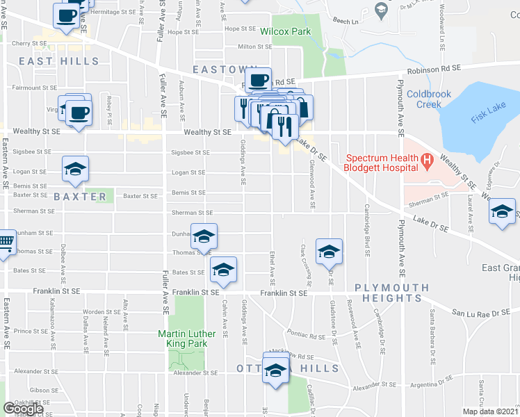 map of restaurants, bars, coffee shops, grocery stores, and more near 1426 Bemis Street Southeast in Grand Rapids