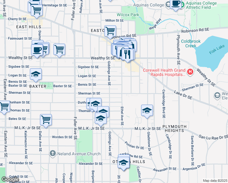 map of restaurants, bars, coffee shops, grocery stores, and more near 1426 Bemis Street Southeast in Grand Rapids