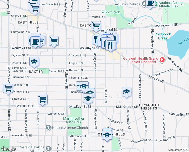 map of restaurants, bars, coffee shops, grocery stores, and more near 1350 Bemis Street Southeast in Grand Rapids