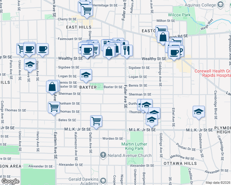 map of restaurants, bars, coffee shops, grocery stores, and more near 1120 Baxter Street Southeast in Grand Rapids