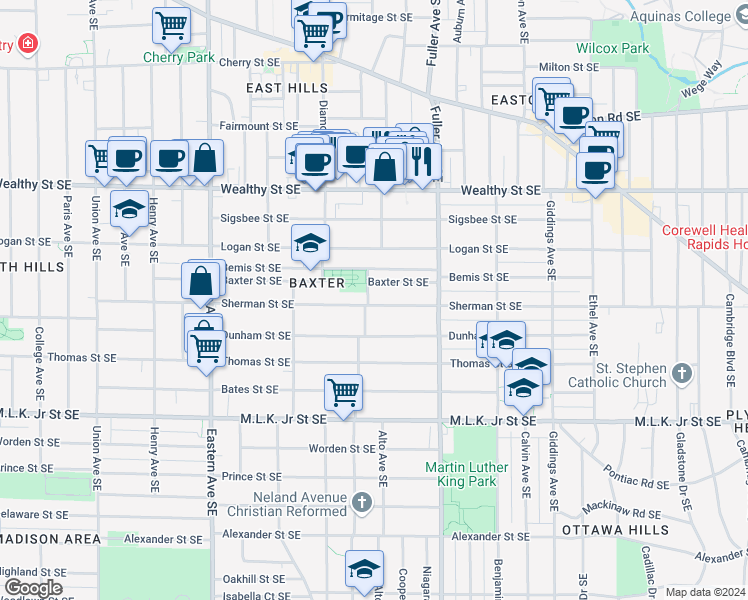map of restaurants, bars, coffee shops, grocery stores, and more near 1052 Baxter Street Southeast in Grand Rapids