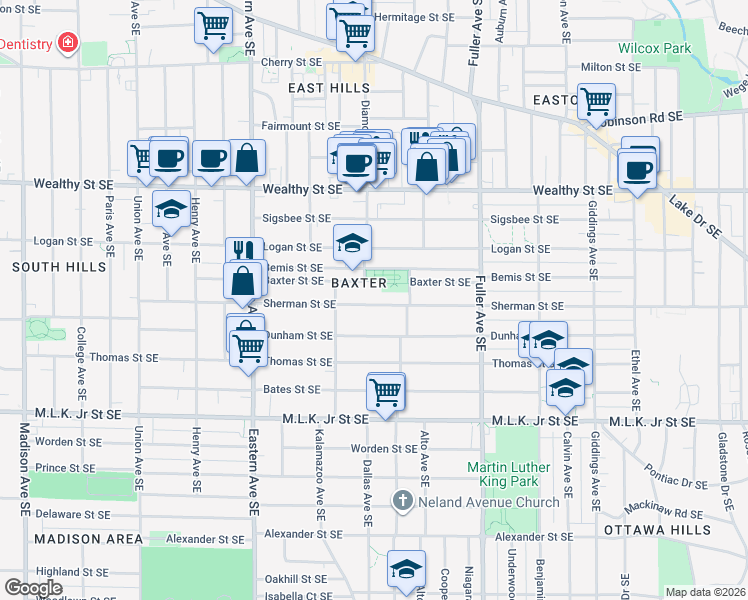map of restaurants, bars, coffee shops, grocery stores, and more near 1012 Baxter Street Southeast in Grand Rapids