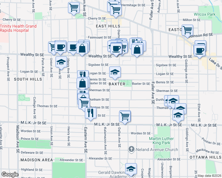 map of restaurants, bars, coffee shops, grocery stores, and more near in Grand Rapids