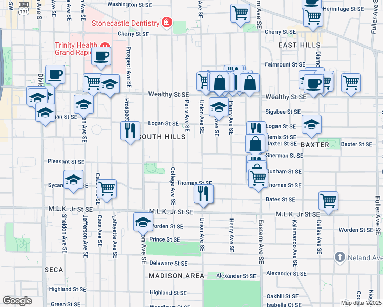 map of restaurants, bars, coffee shops, grocery stores, and more near 547 Union Avenue Southeast in Grand Rapids