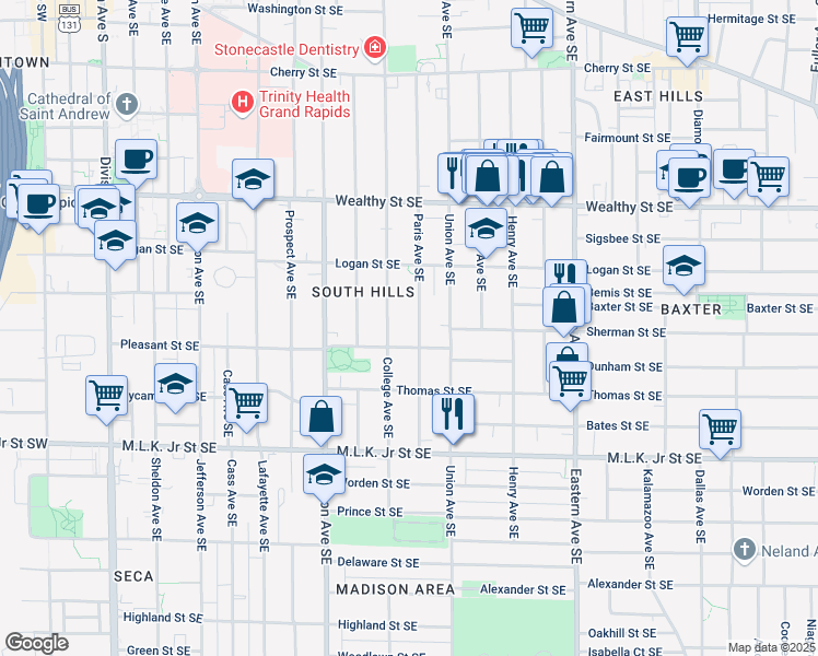 map of restaurants, bars, coffee shops, grocery stores, and more near 547 Paris Avenue Southeast in Grand Rapids