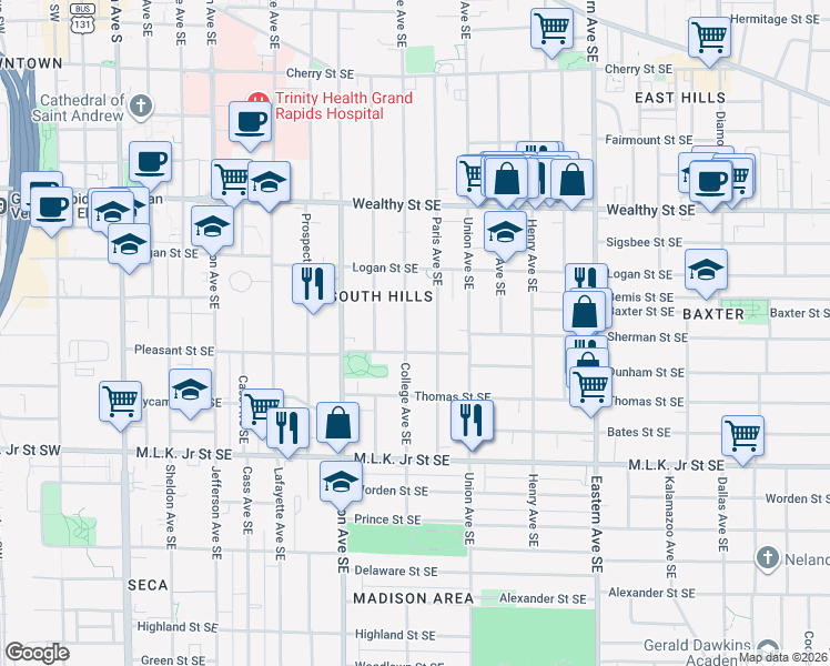 map of restaurants, bars, coffee shops, grocery stores, and more near 547 Paris Avenue Southeast in Grand Rapids