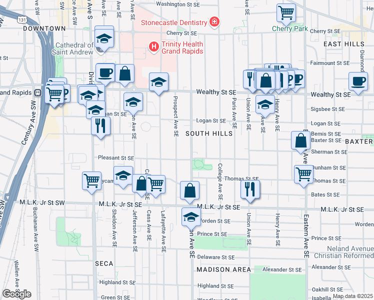 map of restaurants, bars, coffee shops, grocery stores, and more near 554 Madison Avenue Southeast in Grand Rapids