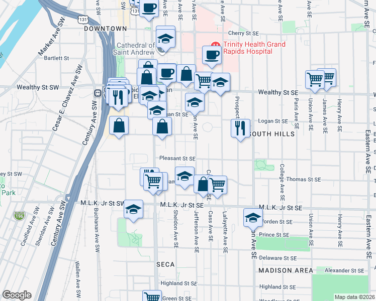 map of restaurants, bars, coffee shops, grocery stores, and more near 570 Thompson Court in Grand Rapids