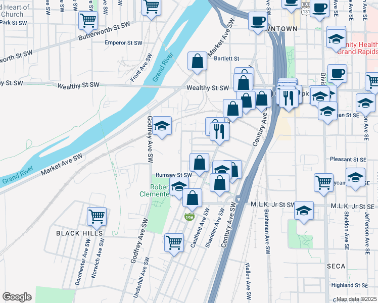 map of restaurants, bars, coffee shops, grocery stores, and more near 560 New Avenue Southwest in Grand Rapids